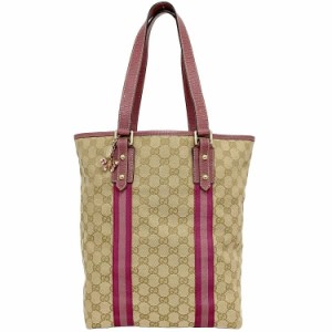 グッチ トートバッグ ベージュ ピンク シェリー 162899 チャーム付 キャンバス レザー 中古 GUCCI ホースビット GG 総柄 肩掛け ヴィンテ