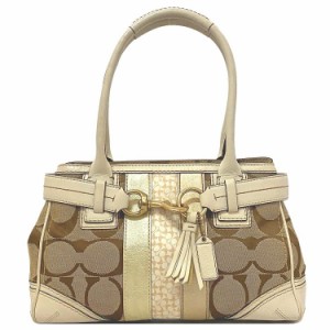 コーチ トートバッグ ベージュ ホワイト シグネチャー 10544 ハンドバッグ 肩掛け キャンバス レザー 中古 COACH 白 ロゴ 総柄 ファスナ