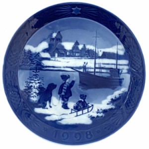 ロイヤルコペンハーゲン イヤープレート ブルー ホワイト 美品 陶器 中古 Royal Copenhagen 1998年 18cm 船 クマ ソリ 皿 お皿 青 白 飾