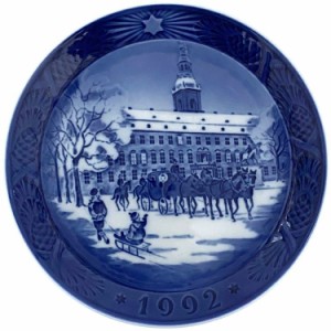 ロイヤルコペンハーゲン イヤープレート ブルー ホワイト 美品 陶器 中古 Royal Copenhagen 1992年 18cm 馬 ソリ 皿 お皿 青 白 飾り 丸 