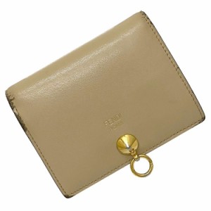 フェンディ 二つ折り 財布 ベージュ ブルー ゴールド バイザウェイ 8M0387 ホック スタッズ レザー GP 中古 FENDI コンパクト ミニ 折り