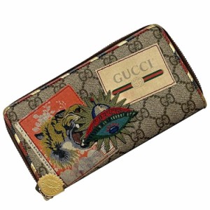 グッチ ラウンドファスナー 長財布 ブラウン GG スプリーム クーリエ 473909 美品 アップリケ レザー  中古 GUCCI 虎 ロゴ 定番 人気 茶