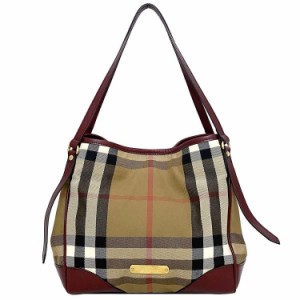 バーバリー トートバッグ ベージュ レッド メガチェック 肩掛け チェック キャンバス レザー 中古 BURBERRY ロゴ ワンポイント マグネッ