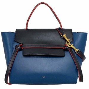 セリーヌ ベルトバッグ ブルー ブラック レッド バイカラー ２way バッグ レザー 中古 CELINE ハンドバッグ フラップ ショルダーバッグ 