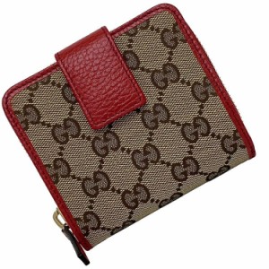 グッチ 二つ折り 財布 ベージュ レッド GG 346056 未使用 美品 キャンバス レザー Sランク GUCCI コンパクト ジップ ホック ロゴ 定番 人