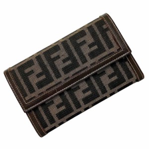 フェンディ 三つ折り 財布 カーキ ブラウン ズッカ 2266 30858 078 美品 FF キャンバス レザー 中古 FENDI コンパクト ホック 折り財布 