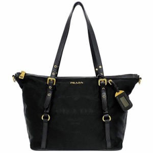 プラダ トートバッグ ブラック ゴールド金具 NERO 美品 ファスナー ナイロン レザー 中古 PRADA 肩掛け ロゴ a4 ビジネス 定番 人気 女性