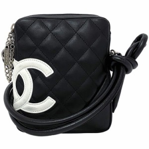 シャネル ミニ ショルダーバッグ ブラック ホワイト カンボン A25177 美品 ポシェット レザー 中古 9番台 CHANEL ココマーク ファスナー 