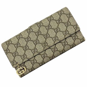 グッチ 二つ折り 長財布 ベージュ インターロッキング 212104 財布 美品 PVC  レザー 中古 GUCCI ホック ダブルホック GG ロングウォレッ