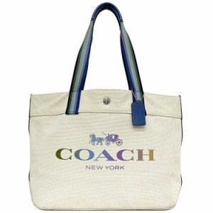 コーチ トートバッグ ナチュラル ベージュ ライトブルー  91170 ロゴ チャーム付 キャンバス レザー 中古 COACH 軽い 肩掛け 書類 定番 