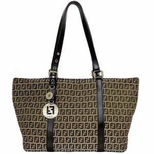 フェンディ トートバッグ ベージュ ブラウン ズッキーノ 8BH215 美品 FF キャンバス レザー 中古 FENDI 軽い チャーム ファスナー 肩掛け