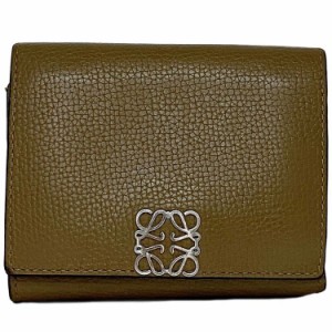 ロエベ 三つ折り 財布 トライフォールド ウォレット ブラウン アナグラム ec-20142 美品 レザー 中古 LOEWE ホック コンパクト ミニ 定番