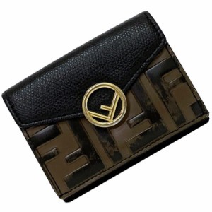 フェンディ 三つ折り 財布 ブラック ブラウン エフイズ 8M0395 ec-20445 コンパクト ズッカ レザー 中古 FENDI FF ホック ミニ ロゴ 小さ