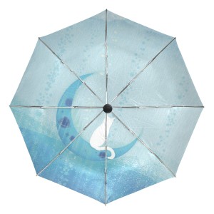 VAWA 日傘 折りたたみ 軽量 自動開閉 遮光 遮熱 UVカット かわいい 猫柄 ブルー 月柄 3段折 折りたたみ傘 ワンタッチ 晴雨兼用 収納ポー