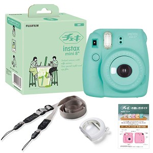 FUJIFILM インスタントカメラ チェキ instax mini8プラス 接写レンズ・純正ショルダーストラップ付き ミント INS MINI 8PLUS MINT