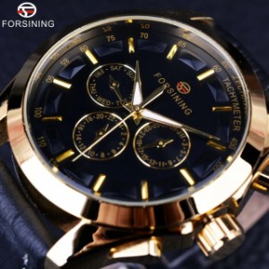 Forsining 2016-メンズ本革マシン式時計 高級ブランド レトロ デザイナー 3文字盤装飾 ゴールドカラー 男性