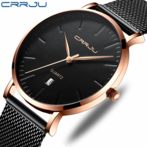 CRRJU 防水メンズ腕時計超薄型ステンレス 時計ブランド erkek kol saati 黒腕時計バンド耐スクラッチ男腕時計
