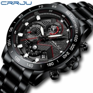 CRRJU 高級ブランド腕時計新メンズブラックケースブルー黒ステンレス メンズ腕時計クロノグラフ Relojes Hombre ストップウォッチ AAA +
