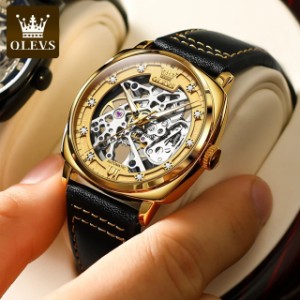 Olevs-男性用自動巻き時計 スケルトン腕時計 革バンド 発光 防水