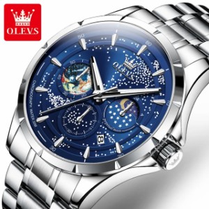 Olevs-メンズステンレススチールウォッチ メンズスポーツクォーツ腕時計 月相 星空 発光 防水 ファッショナブル 5538