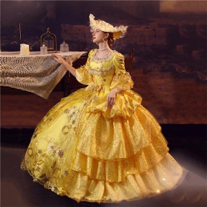 【送料無料】西洋ドレス 華麗な 宮廷ドレス ドレス レディース ロングドレス イエロー ロココ 刺繍 貴族ドレス 18世紀 スパンコール 中世