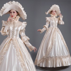 ロングドレス 貴族ドレス お姫様ドレス ドレス 中世ヨーロッパ ステージ 袖あり 盛り袖 衣装 貴婦人 ラフカラー 帽子付き 演奏会 舞台衣