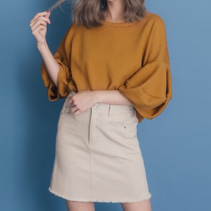 レディース トップス 春秋 人気 春物 セーター 七分袖 ランタンスリーブ ラウンドネック 無地 リボン ガーリー カジュアル ゆったり