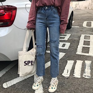 レディース ボトムス パンツ 春 人気 春物 デニム ストレート フルレングス ダメージ加工 無地 カジュアル ハイウエスト ベーシック 美脚