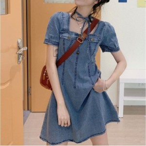 レディース ワンピース ミニ デニム ワンピース ドレス 半袖 パフスリーブ スクエアネック ネックリボン ミニ丈 ハイウエスト Aライン