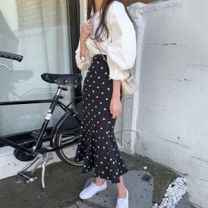 スカート ロングスカート レディース 春秋 ロング丈 ミモレ丈 ハイウエスト マーメイド フィッシュテール ドット柄 スカート シンプル カ