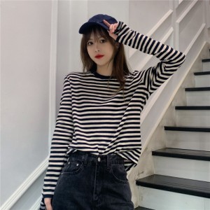 レディース トップス 春秋 Tシャツ 長袖 ラウンドネック オーバーサイズ ボトミング ボーダー柄 シャツ シンプル カジュアル おしゃれ