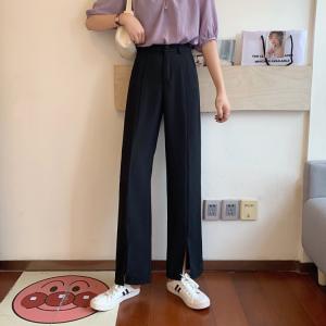レディース パンツ ボトムス 春夏秋 ロング丈 ストレート ハイウエスト スリット入り パンツ スラックス シンプル カジュアル おしゃれ