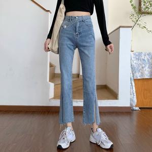 大きいサイズ レディース パンツ ボトムス 春秋 デニム 9分丈 ストレート ハイウエスト スリット入り パンツ gパン シンプル カジュア