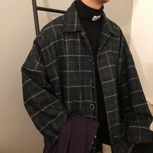 韓国ファッションシャツ チェックコートメンズ 開襟レトロジャケット紳士服 厚手ジャケット高生