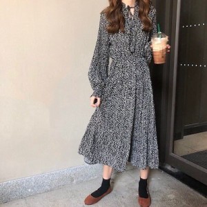 ワンピース レディース 40代 きれいめ マキシワンピース 秋服 長袖ワンピース 花柄シフォン Vネック Aラインスカート オシャレ大人 韓国