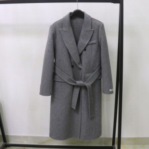 韓国の高級なキャメル色のフィット感のあるダブルフェイスの羊毛とカシミヤのコートスーツの襟ベルト付きミディアム丈のコート女性用