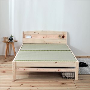 日本製 ひのきベッド (い草床板 シングル) 棚/コンセント付き 天然木 檜 3段階 高さ調節 |b04