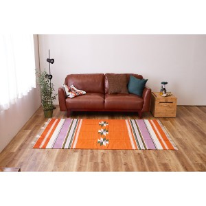 ラグマット 絨毯 約140×200cm オレンジ イーシュ ウール100％ ホットカーペット 床暖房対応 手織りウールのキリム リビング |b04