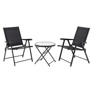 ガーデン テーブル＆チェア セット (ブラック) 机：約直径51cm×1 椅子：約幅60cm×2 折りたたみ 収納便利 強化ガラス 完成品 |b04