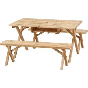 ガーデンテーブル＆ガーデンベンチ セット 約幅1200mm ナチュラル 木製 コンロスペース付 BBQテーブル＆ベンチセット 組立式 |b04