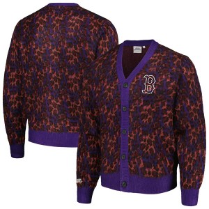 プレジャーズ メンズ シャツ トップス Boston Red Sox Cheetah Cardigan ButtonUp Sweater Purple