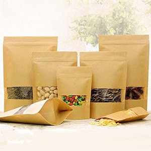 Wrightjp 食品収納袋 密閉袋 ジップ袋 自立袋 クラフト紙袋 窓付き チャック付き 耐油角底袋 食品級 ヒートシ・・・