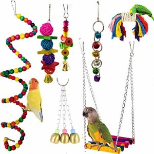 インコ おもちゃ 7点セット 鳥のおもちゃ ブランコ ロープ 鈴 止まり木 吊り下げタイプ 噛む玩具 セキセイインコ 文・・・