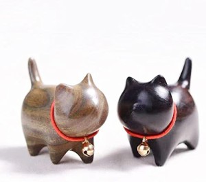 WOWTAC 猫 置物 木製 ねこぐっず雑貨 ガーデニング猫 ギフトボックス包装 招き猫 2個セット（緑檀 + 黒檀）…