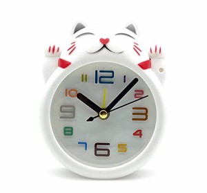 ほうねん堂 目覚まし時計 招き猫 小型 置時計 アラーム クロック アナログ 乾電池式 紹運 開運 縁起 グッズ 白色