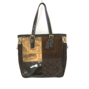 コーチ COACH ハンドバッグ レディース パッチワークシグネチャー F10432 ダークブラウン×カーキ×マルチ【中古】20240509