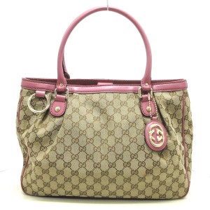 グッチ GUCCI トートバッグ レディース GG柄,スーキー 296835 ベージュ×ピンク ジャガード×レザー【中古】20230622