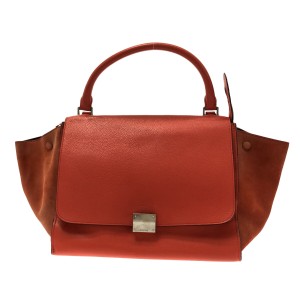 セリーヌ CELINE ハンドバッグ レディース トラペーズミディアム オレンジレッド レザー×スエード【中古】20230906