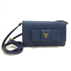 プラダ PRADA 財布 レディース 美品 - ネイビー ショルダーウォレット/リボン レザー【中古】20230923