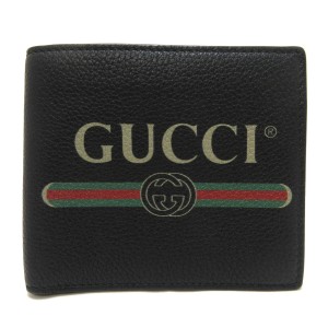 グッチ GUCCI 2つ折り財布 レディース 美品 グッチプリント 496316 黒×ベージュ×マルチ レザー【中古】20230923